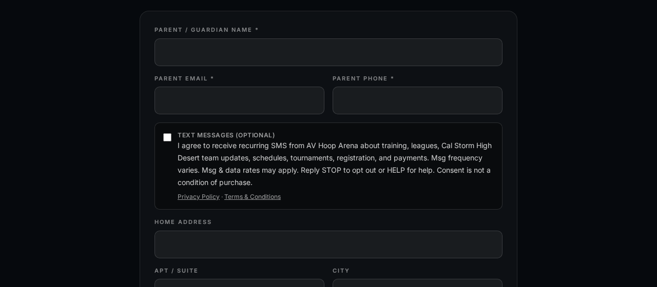 Cal Storm desktop: parent phone field followed by an unchecked optional text message consent checkbox