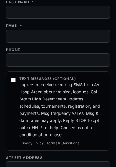 Mobile: phone number field followed by an unchecked optional text message consent checkbox